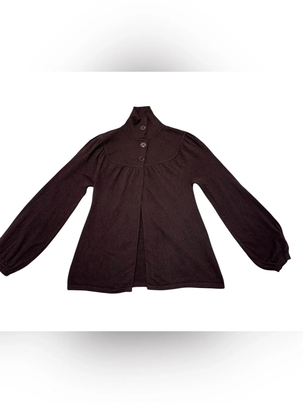 VTG Kenar 100% Cashmere Open Front Mock Neck Button Sweater Cardigan Chocolate M - Picture 6 of 11